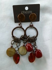 Chico’s Gold/Brown/Red Dangle Earrings Unsed On Card Pierced Stud