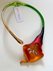 BETSEY JOHNSON gold plated Orange Green calla lily necklace Choker new
