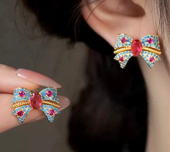 Super Cute Sparkly Blue Red BOW Rhinestone Gold Betsey Johnson Earrings