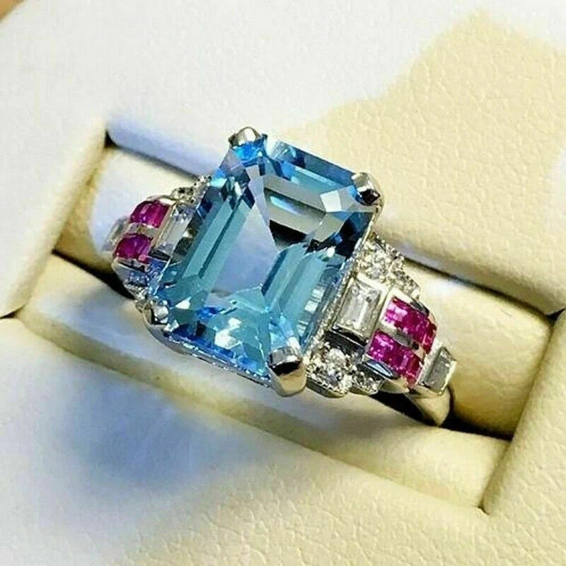 3Ct Lab Created Emerald Aquamarine &Ruby Engagement Ring 14K White Gold Plated