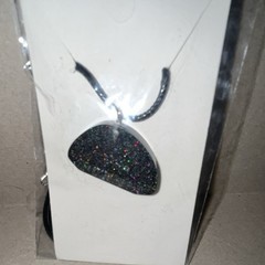 Black Glitter Teardrop Charm Pendant Necklace on Black Cord, Resin made
