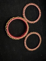 Boho Pink Thread Wrapped Rhinestone Bangle Bracelet Set of 3 Gold Tone Statement