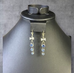 Round Blue Crystal Dangle Drop Earrings Silver Tone Metal Leverback Lobe