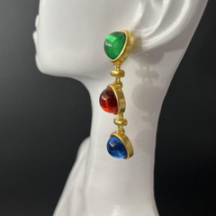 Mogul Jewel Earrings Pierced Dangle Drop Multicolor Cabochon Matte Gold Tone