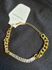 Gold Tone Stainless Steel Curb Link Baguette Crystal Bar Bracelet