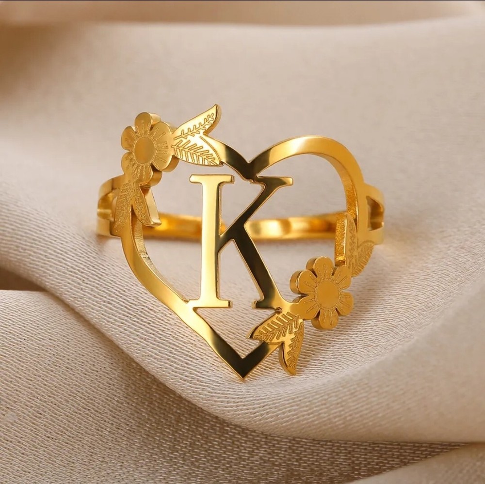 Initial Letter Gold Ring Adjustable Leaf Flower Ring Women’s Fashion Jewelry 82
