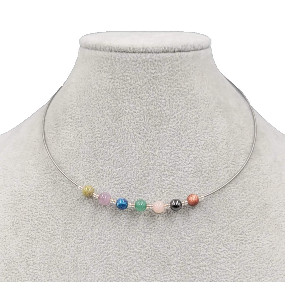 Guitar String Choker Necklace Semi Precious Stone Bead Adj