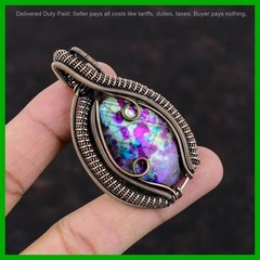 Copper Oval Natural Multi Fire Labradorite Wire Wrapped Birthday Pendant Jewelry