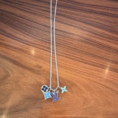 Authentic Louis Vuitton Monogram Flower Charm Necklace Blue Enamel Silver Tone