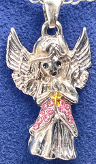 Necklace Silver Tone Angel Wearing Pink Skirt & Gold Cross 18″ + 2″ Extension