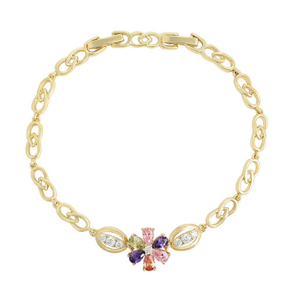 Woman 14K Gold Plated Multicolor Crystals Flower Bracelet Oro Laminado