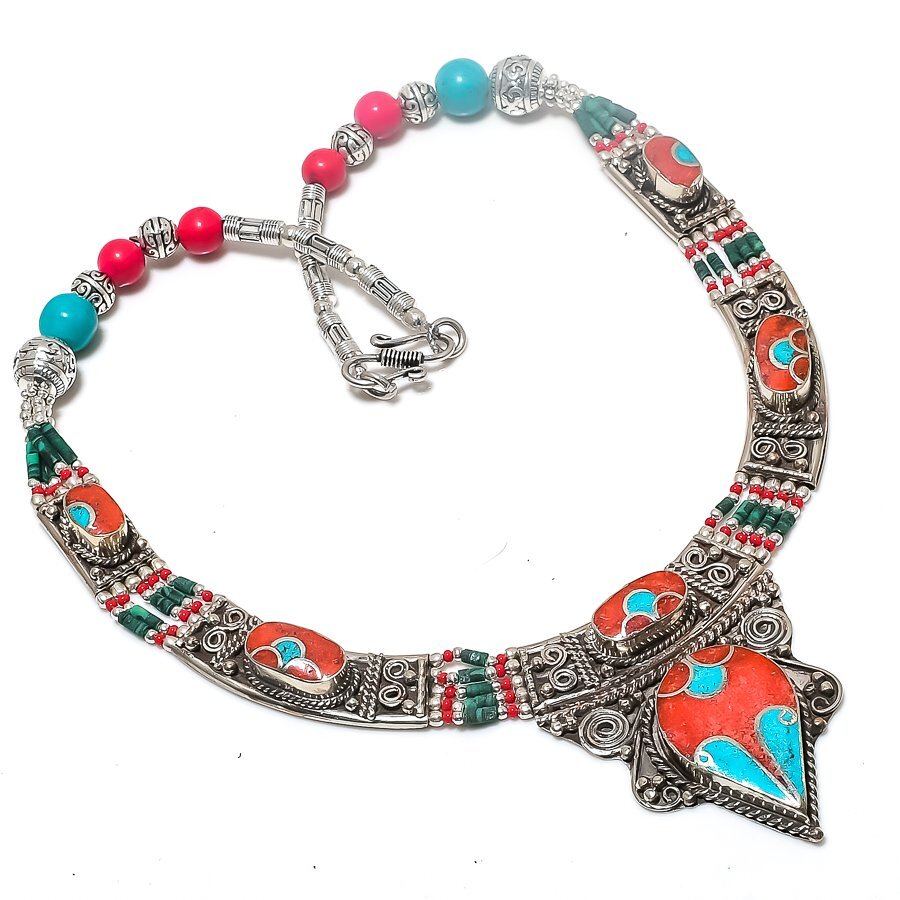 Red Coral Turquoise Necklace Tibetan Silver Handmade Nepali Jewelry 18″ NN 6582