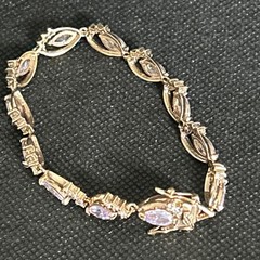 Gold Tone Brass Simulated Amethyst Marquise Rhinestone Tennis Bracelet 7 Inch